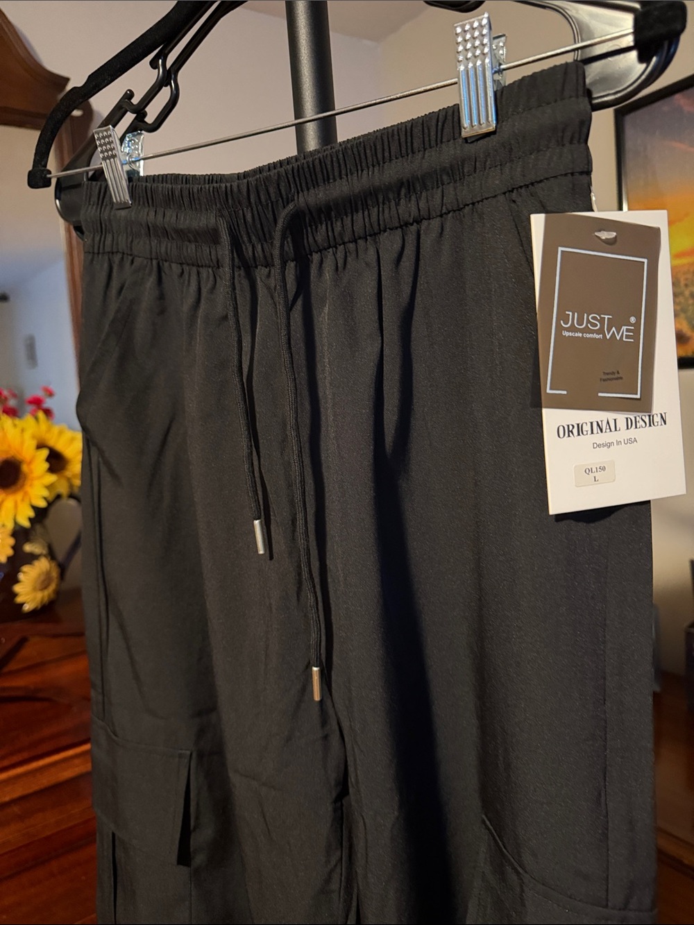 Wide Leg Cargo Pants with Drawstring Waist - Black - Picture 3 of 6
